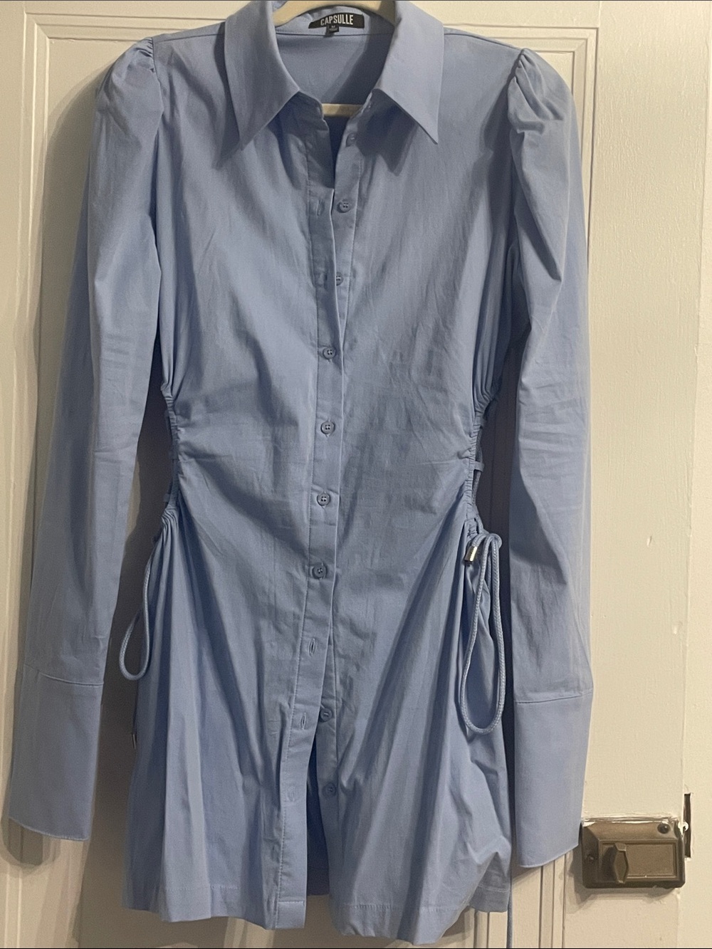 Light Blue Button-Up Drawstring Shirt Dress